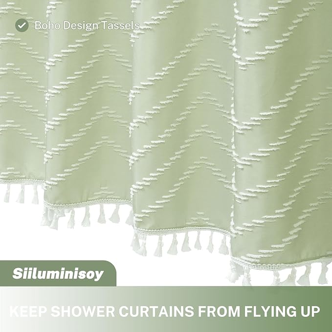 Boho Shower Curtain with White Tassel Woven Fabric Sage Green Shower Curtain 72 x 72 Modern Farmhouse Textured Tufted Chevron Striped Minimalist Bathroom Shower Curtain