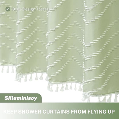 Boho Shower Curtain with White Tassel Woven Fabric Sage Green Shower Curtain 72 x 72 Modern Farmhouse Textured Tufted Chevron Striped Minimalist Bathroom Shower Curtain
