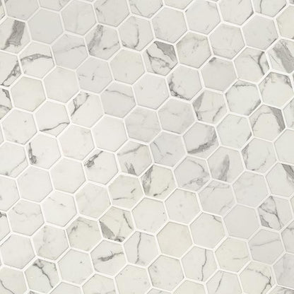 MSI Statuario Celano Hexagon Glass Tile for Kitchen Backsplash, Wall Tile for Bathroom, Accent Wall Tile, and Shower Wall Tile, 12.75 in. x 11.02 in. Mesh-Mounted Mosaic Tile, White