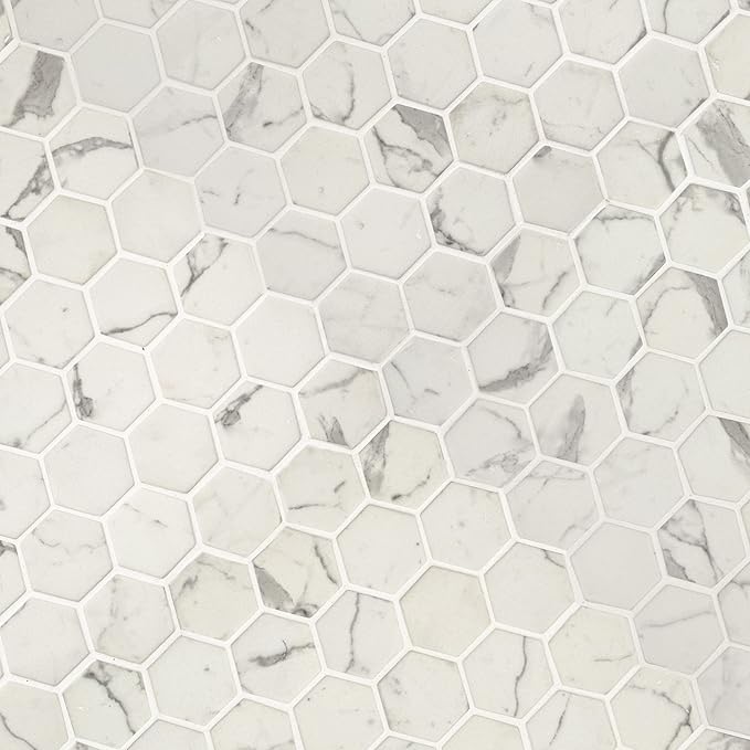 MSI Statuario Celano Hexagon Glass Tile for Kitchen Backsplash, Wall Tile for Bathroom, Accent Wall Tile, and Shower Wall Tile