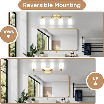 Ascher Bathroom Light Fixtures, 4-Light Vanity Light Over Mirror, Gold Wall Sconces with Milky White Frosted Glass Shades, Wall Lamp for Living Room Bedroom, E26 Base(Bulbs Not Included)
