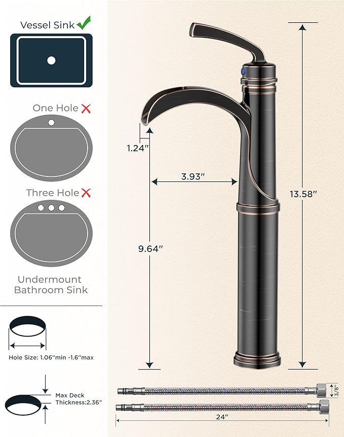 Forious Bathroom Faucets Oil Rubbed Bronze, Tall Waterfall Bathroom Faucet Single Handle One Hole Deck Mount Vessel Bathroom Sink Faucet Bowl with Metal Pop Up Drain and Supply Lines