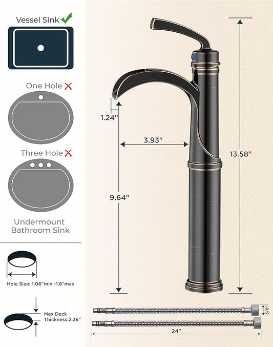 Forious Bathroom Faucets Oil Rubbed Bronze, Tall Waterfall Bathroom Faucet Single Handle One Hole Deck Mount Vessel Bathroom Sink Faucet Bowl with Metal Pop Up Drain and Supply Lines