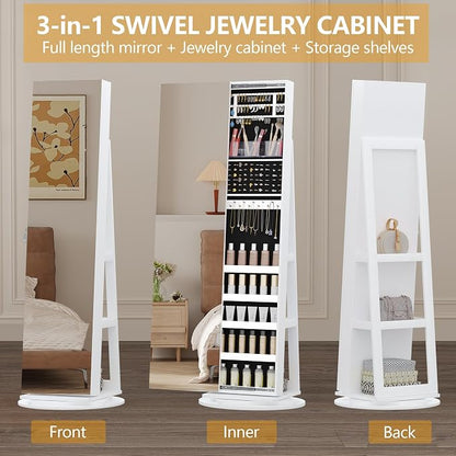 LVSOMT Standing Jewelry Cabinet with Sliding Full Length Mirror, White | 360° Swivel Mirror with Jewelry Storage, Lockable Jewelry Armoire Organizer with 3 Rear Shelves for Bedroom, Gift for Women