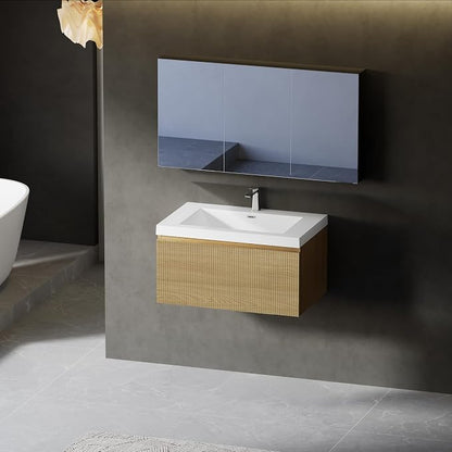 30" Floating Bathroom Vanity with Sink, Wall-Mounted Modern Oak Storage Cabinet, Wave-Textured Soft-Close Drawer & Glossy White Solid Surface Basin, Natural Oak