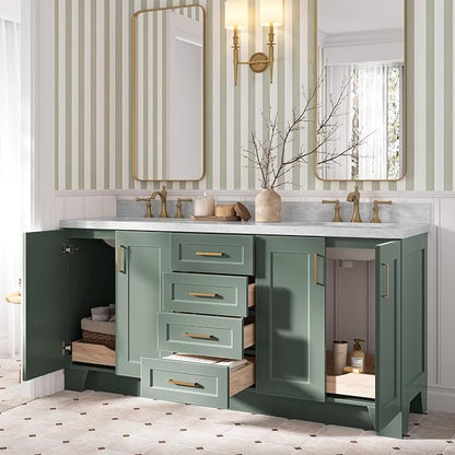 ARIEL Taylor 72-inch Bathroom Vanity with Sink,Solid Wood, 1.5-inch Italian Carrara Marble Countertop, Double Rectangular Porcelain Sink, Soft Closing Doors, Dovetail Drawers, Vintage Green