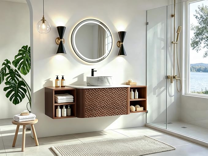 54 Inch Modern Bathroom Vanity with Ceramic Sink, Floating Bathroom Sink Cabinet with Sintered Stone Top&Solid Wood Hammered Frame, Single Bathroom Vanities w/Soft-Close Drawer&2 Side Open Cube