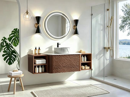 54 Inch Modern Bathroom Vanity with Ceramic Sink, Floating Bathroom Sink Cabinet with Sintered Stone Top&Solid Wood Hammered Frame, Single Bathroom Vanities w/Soft-Close Drawer&2 Side Open Cube