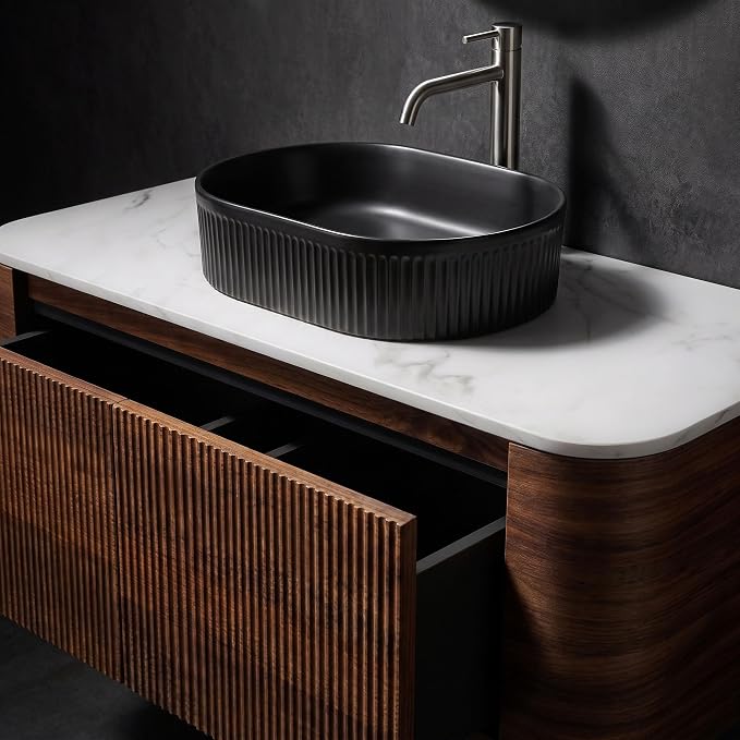 48" Preassembled Floating Bathroom Vanity with Black Sink, Walnut | Mid-Century Modern Style, Fluted & Soft-Close Drawer with U-shaped Wall, Sinterted Stone Countertop, Towel Rack Included