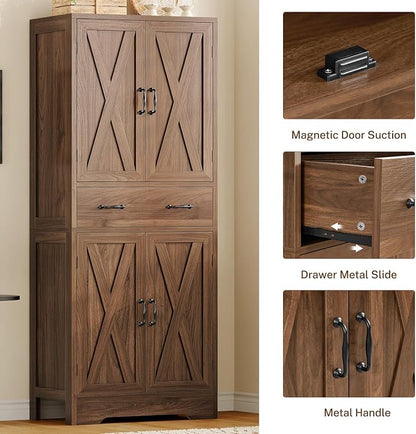 Tall Storage Cabinet with 2 Adjustable Shelves & 1 Large Drawer, Kitchen Pantry Cabinet with 4 Doors, Bathroom Storage Cabinets, for Living Room, Kitchen, Bathroom, Walnut