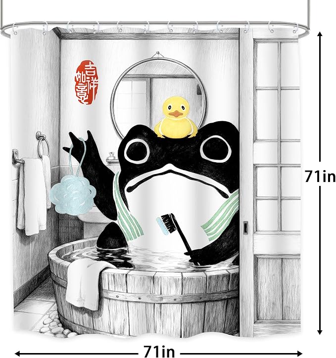 Funny Frog Traditional Asian Japanese Rubber Bathroom Shower Curtain Set | 71Wx71H Duck Wooden waterproof HD print, quick-dry fabric, and 12 hooks for easy setup