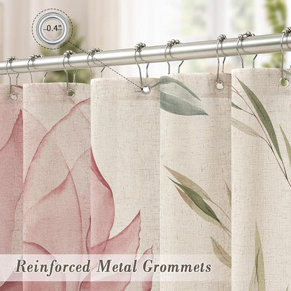 Litabel Farmhouse Pink Floral Linen Shower Curtain, Boho Vintage Spring Cotton Shower Curtains for Chic Elegant Bathroom Decor, Ink Painting Style Blossom Fabric Bath Curtain, 72 x 72