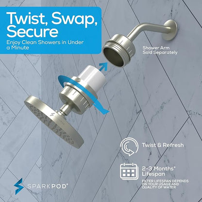 SparkPod Filtered Shower Head, 23-Stage, 6" Round, Brushed Nickel | Showerhead for Hard Water, High Pressure, Reduces Chlorine, Heavy Metals, For Dry Skin & Hair, Removable Capsule Filter