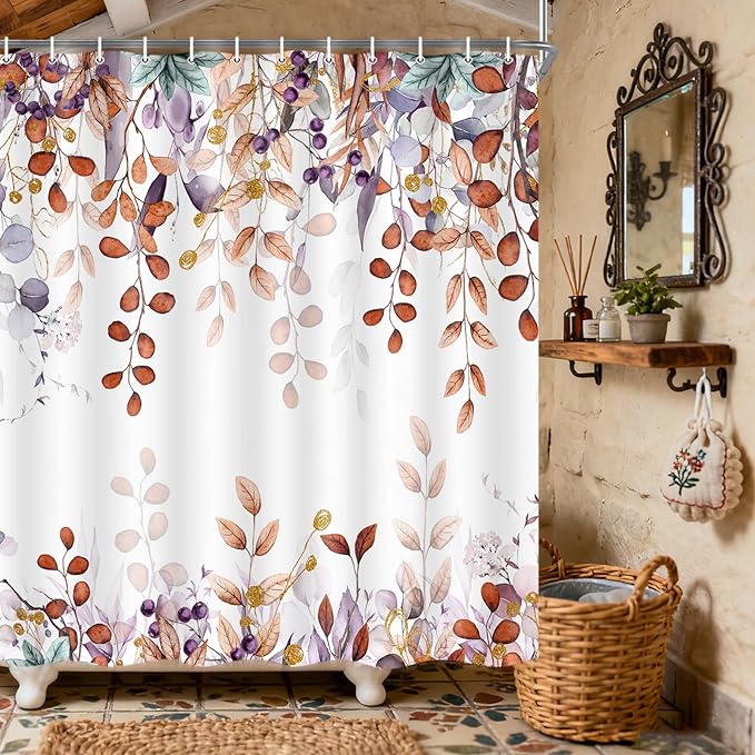 Small Stall Eucalyptus Shower Curtain, Orange Terracotta Color Watercolor Plants Foliage Bathroom Decor, Botanical Cottagecore Waterproof Fabric Narrow Shower Curtain with Hooks 47X64 Inch
