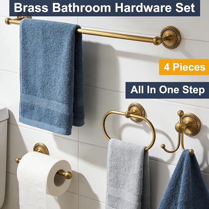 Antique Brass 4-Piece Bathroom Hardware Set Adjustable Towel Bar 13-24" | Vintage Gold Towel Bar, Oval Towel Ring, Toilet Paper Holder, Robe Hook, Towel Racks for Bathroom Wall Mounted Accessories