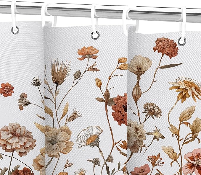 Vintage Boho White Floral Shower Curtain, Brown Cream Tan Rustic Farmhouse Flower Shower Curtain Set, Cute Botanical Wlidflowers Fabric Shower Curtains Decoration, 72X72 Aesthetic Bathroom Accessories