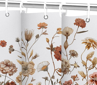 Vintage Boho White Floral Shower Curtain, Brown Cream Tan Rustic Farmhouse Flower Shower Curtain Set, Cute Botanical Wlidflowers Fabric Shower Curtains Decoration, 72X72 Aesthetic Bathroom Accessories