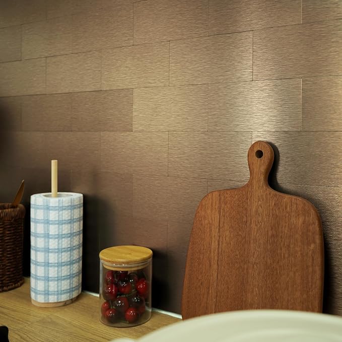 Vamos Tile 100-Piece Peel and Stick Backsplash Seamless Tile,3''x6'' Brushed Rose Gold Metal Subway Tile,Stick on Backsplash for Kitchen/Bathroom/Laundry Room