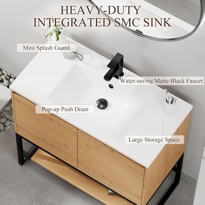 LUCKWIND 36" Modern Bathroom Vanity with Single White Sink Combo, Freestanding Storage Cabinet with Metal Frame, Matte Black Faucet and Open Shelf and 2 Soft-Closing Door, Natural