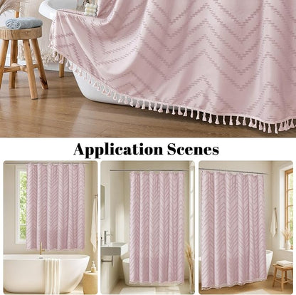 Boho Shower Curtain, Blush Pink Fabric Cloth Shower Curtains Farmhouse Tufted Chevron Striped Textured with Tassel for Bathroom, Soft Hotel Style Modern Minimalist, Machine Washable, 72x72