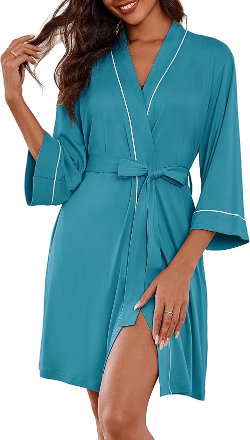 Ekouaer Women Kimono Robes Knee Length Knit Bathrobe Lightweight Soft Sleepwear V-neck Casual Ladies Loungewear