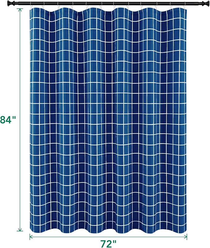 Fabric Farmhouse Shower Curtain-Extra Long Shower Curtains Bathroom Navy | 72"Wx84"L Faux Linen Grid Minimalist Simple Rustic Neutral Shower Curtain Decor-Cloth Geometric Plaid Washable Hotel Quality
