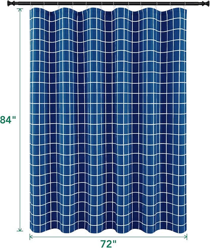Fabric Farmhouse Shower Curtain-Extra Long Shower Curtains Bathroom Navy | 72"Wx84"L Faux Linen Grid Minimalist Simple Rustic Neutral Shower Curtain Decor-Cloth Geometric Plaid Washable Hotel Quality