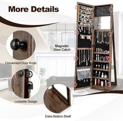 CHARMAID Jewelry Armoire with Full Length Mirror, Lockable Standing Jewelry Cabinet Organizer with Large Storage Capacity, Inside Makeup Mirror, Stable Base, Easy Assembly (Rustic Brown)