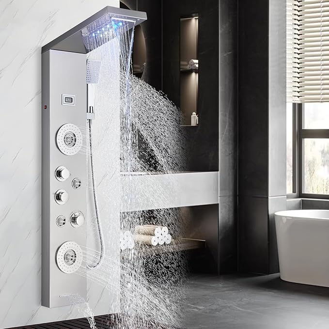 AlenArt Shower Panel LED Shower Tower System with Rainfall Waterfall Shower Head, 4 Body Massage Jets,Hand Shower Sprayer and Tub Spout Stainless Steel, Brushed Nickel
