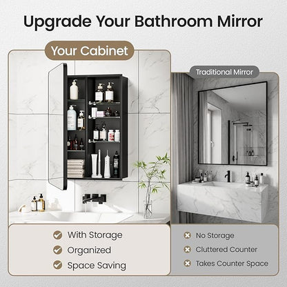 20x26 Inch Bathroom Medicine Cabinet with Mirror, Pre-Assembled Recessed or Surface Mount Wall Organizer, 6 Adjustable & Removable Tempered Glass Shelves, Soft Close DTC, Matte Black