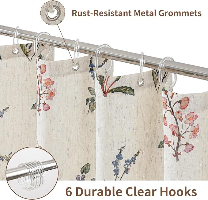 Colorful Star French Country Floral Linen Shower Curtain, 36" W x 72" L | Waterproof Shower Curtain Set with 6 Clear Hooks for Bathroom, Vintage Boho Farmhouse Linen Fabric Bathroom Curtains