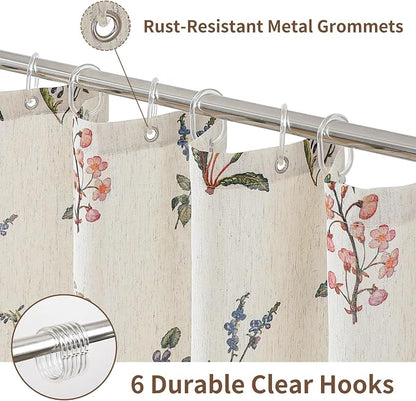 Colorful Star French Country Floral Linen Shower Curtain, 36" W x 72" L | Waterproof Shower Curtain Set with 6 Clear Hooks for Bathroom, Vintage Boho Farmhouse Linen Fabric Bathroom Curtains