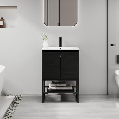LUCKWIND 24" Modern Bathroom Vanity with Single White Sink Combo, Freestanding Storage Cabinet with Metal Frame, Matte Black Faucet and Open Shelf and 2 Soft-Closing Door, Black