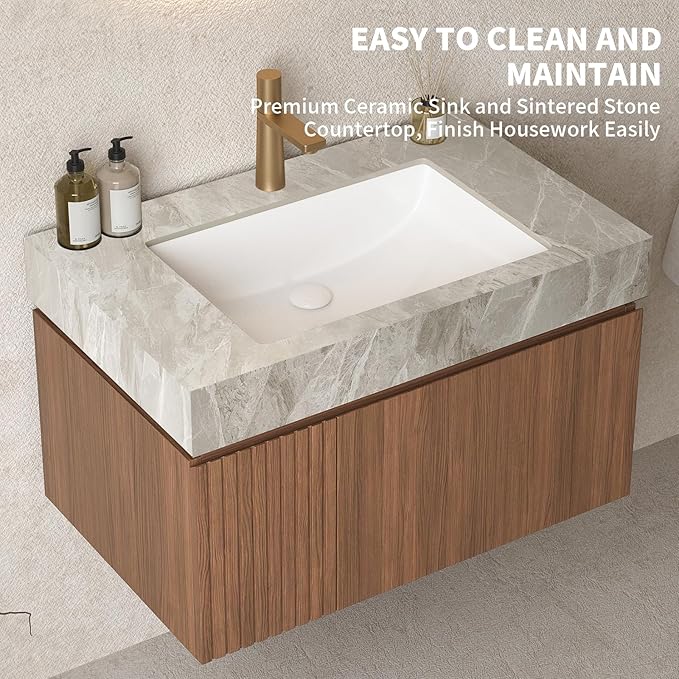 LKTART Floating 30 Inch Bathroom Vanity with Sink, Modern Plywood Wall Mounted Bathroom Storage Cabinet with 1 Door and 1 Drawer, Roma Travertine-Pattern Sintered Stone Countertop and Ceramic Basin