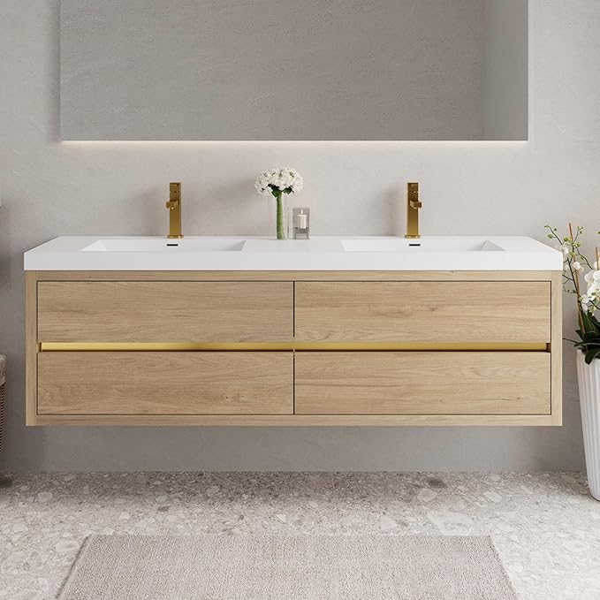 Abruzzo 72" Natural Oak Wall-Mounted Bathroom Vanity with Double Sink – Stone Resin Countertop & Soft-Close Drawers, Waterproof Wood Cabinet for Bathrooms