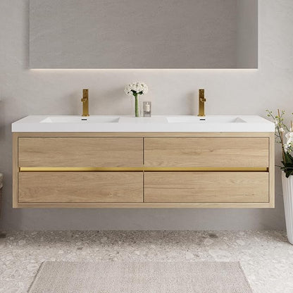 Abruzzo 72" Natural Oak Wall-Mounted Bathroom Vanity with Double Sink – Stone Resin Countertop & Soft-Close Drawers, Waterproof Wood Cabinet for Bathrooms