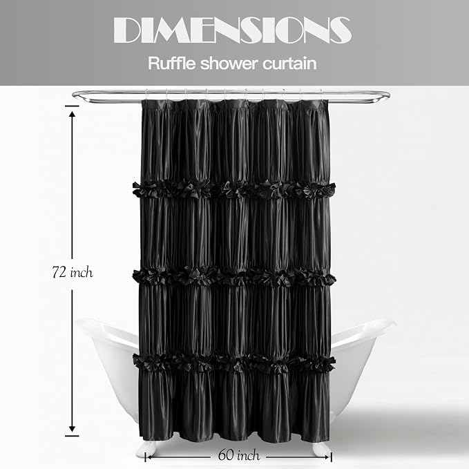 Black Ruffle Shower Curtain 60" W x 72" L Stall Size | Vintage Handcrafted Bow Tie, Ruched Satin Bathroom Curtain with 10 Buttonholes, Machine Washable and Dry Quickly (LQ-10)