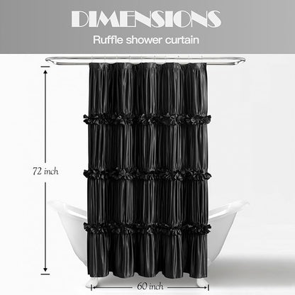 Black Ruffle Shower Curtain 60" W x 72" L Stall Size | Vintage Handcrafted Bow Tie, Ruched Satin Bathroom Curtain with 10 Buttonholes, Machine Washable and Dry Quickly (LQ-10)