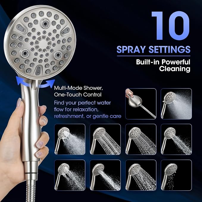 Shower Head with Handheld, High Pressure 10 Spray Modes, Brushed Nickel | Built-in Pause Function, Power Wash Mode, Anti-Clog Nozzles, 71 Inch Stainless Steel Hose, Adjustable Overhead Bracket