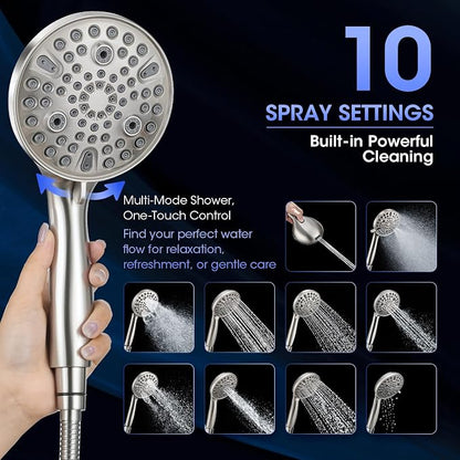 Shower Head with Handheld, High Pressure 10 Spray Modes, Brushed Nickel | Built-in Pause Function, Power Wash Mode, Anti-Clog Nozzles, 71 Inch Stainless Steel Hose, Adjustable Overhead Bracket