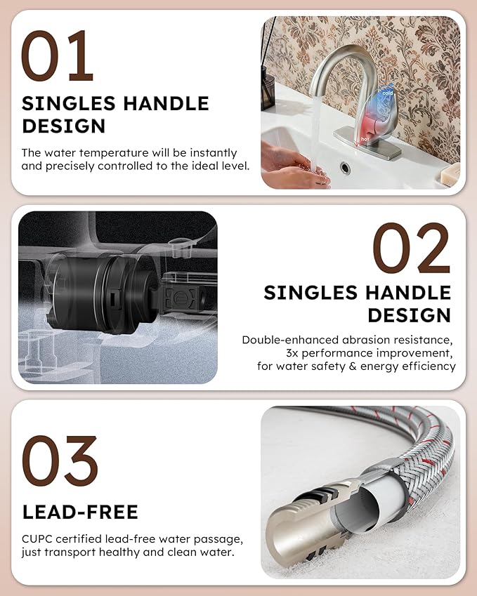 WOWOW Single Handle Bathroom Faucet, 1 Hole, High Arc, Brushed Nickel, Pop-up Drain, Solid Brass, Commercial Bathroom Sink Faucet, Basin Vanity Bar Faucet