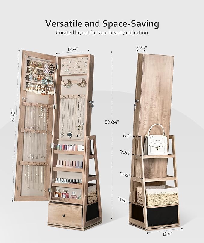Nicetree 360° Swivel Jewelry Cabinet, Full Length Mirror, Lockable, Oak | Rotatable Jewelry Armoire Organizer, Standing Mirror with Storage, 3 Rear Shelves + Bottom Drawer, Gift Idea, Easy Assembly