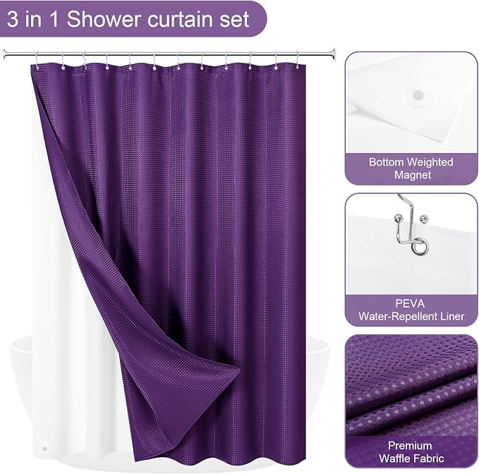 3 in 1 Purple Shower Curtain with PEVA Liner, 12 Hooks, 72x72 | Luxury Weighted Fabric Shower Curtain Set, 12 Stainless Steel Double-Sided Hooks, Water Repellent, Bathroom Decor