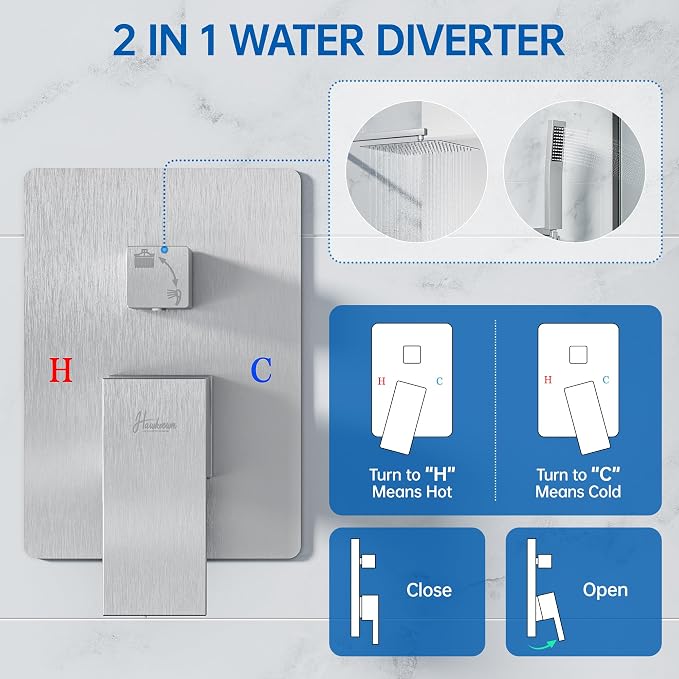 Hawkrown 12 Inch Luxury Rain Shower Faucet Set, Brushed Nickel Shower System with Rainfall Shower Head and Handheld Spray, SUS304 Stainless Steel and Solid Brass Wall Mounted Shower Valve Trim Kit