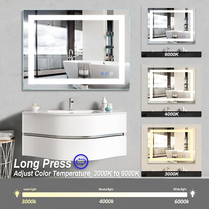32"x 24" LED Bathroom Mirror Vanity Mirror, Anti-Fog, Dimmable, Color Temperature Adjustable 3000-6000K, Switch-held Memory Led Wall Mirror Suitable for Bathroom, Vanity (Vertical/Horizontal) | Anti-Fog+Dimmable+Color Temperature Adjustable+Switch-held...