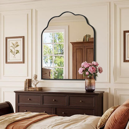 Arched Scalloped Mirror, 30×36Inch Black Bathroom Mirror, Wavy Wall Mounted Vanity Mirror Decor with Aluminum Alloy Frame for Livingroom Bedroom and Entryway, Tempered Glass