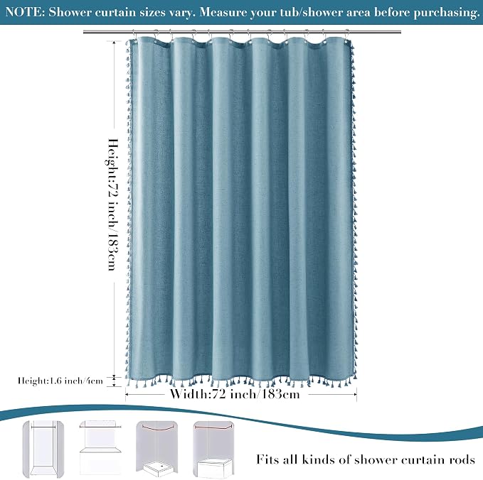 Blue Boho Linen Shower Curtain 72 Inch Fabric Textured Elegant Shower Curtain Set with Hooks Simple Aesthetic Bathroom Decor with Hooks Vintage Cottage Bath Curtain for Bathroom 72x72
