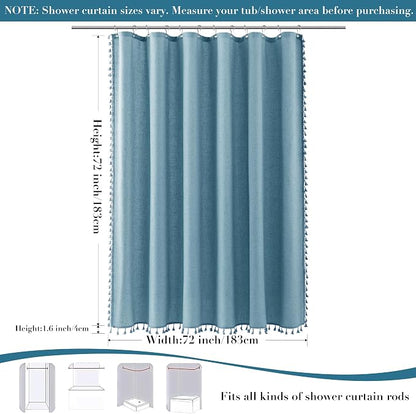 Blue Boho Linen Shower Curtain 72 Inch Fabric Textured Elegant Shower Curtain Set with Hooks Simple Aesthetic Bathroom Decor with Hooks Vintage Cottage Bath Curtain for Bathroom 72x72