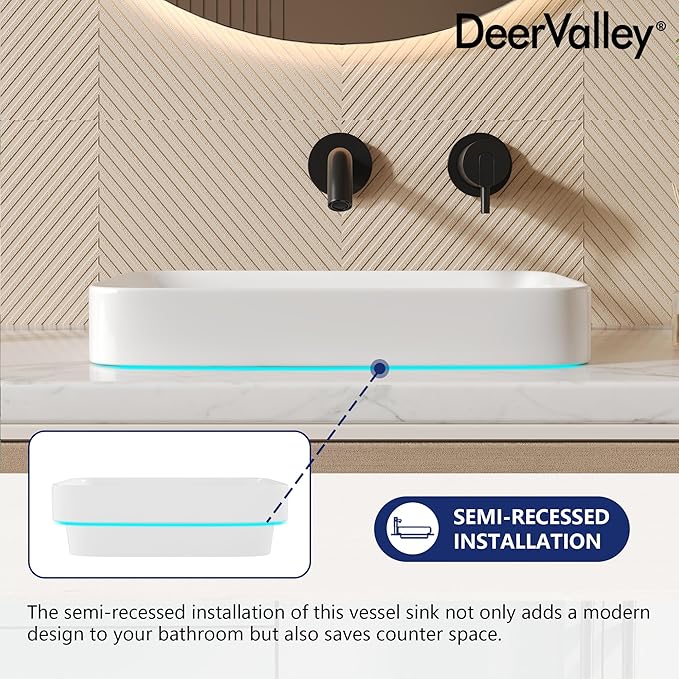 DeerValley Horizon 15.94x12.01 Inch Semi-Recessed Bathroom Vessel Sink, White Ceramic Rectangular Vanity Sink, Model DV-1V0346