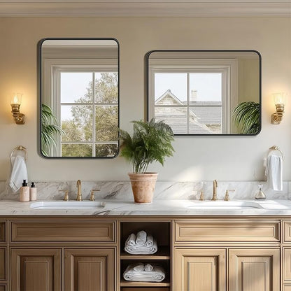 Sweetcrispy Bathroom Mirror 40x30 Inch, Vanity Mirror for Wall | Metal Framed Rounded Rectangle, Over Sink, Farmhouse Restroom, Anti-Rust, Horizontal or Vertical Hanging, Black
